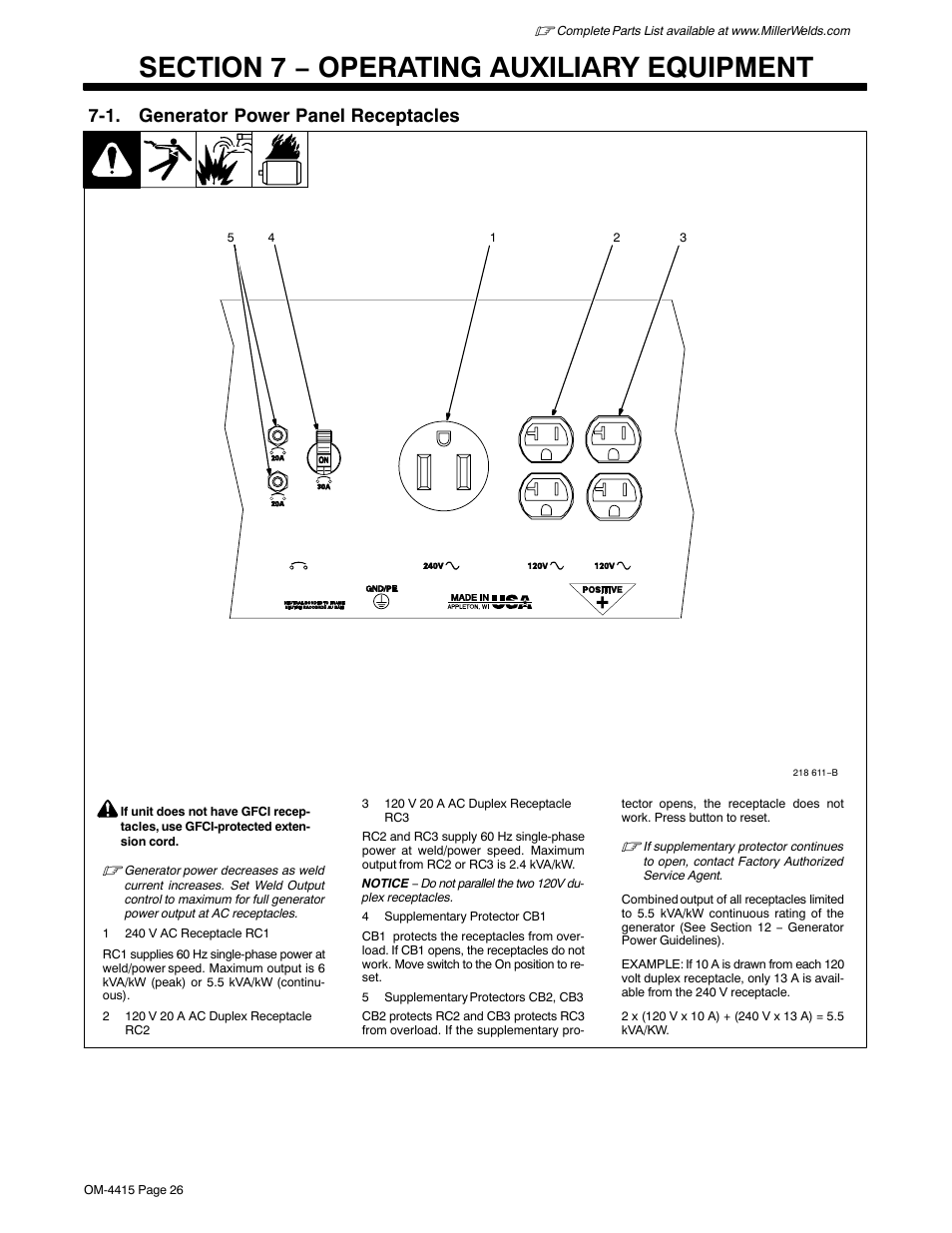 Section 7 − operating auxiliary equipment, 1. generator power panel receptacles | Miller Electric 185 User Manual | Page 30 / 56