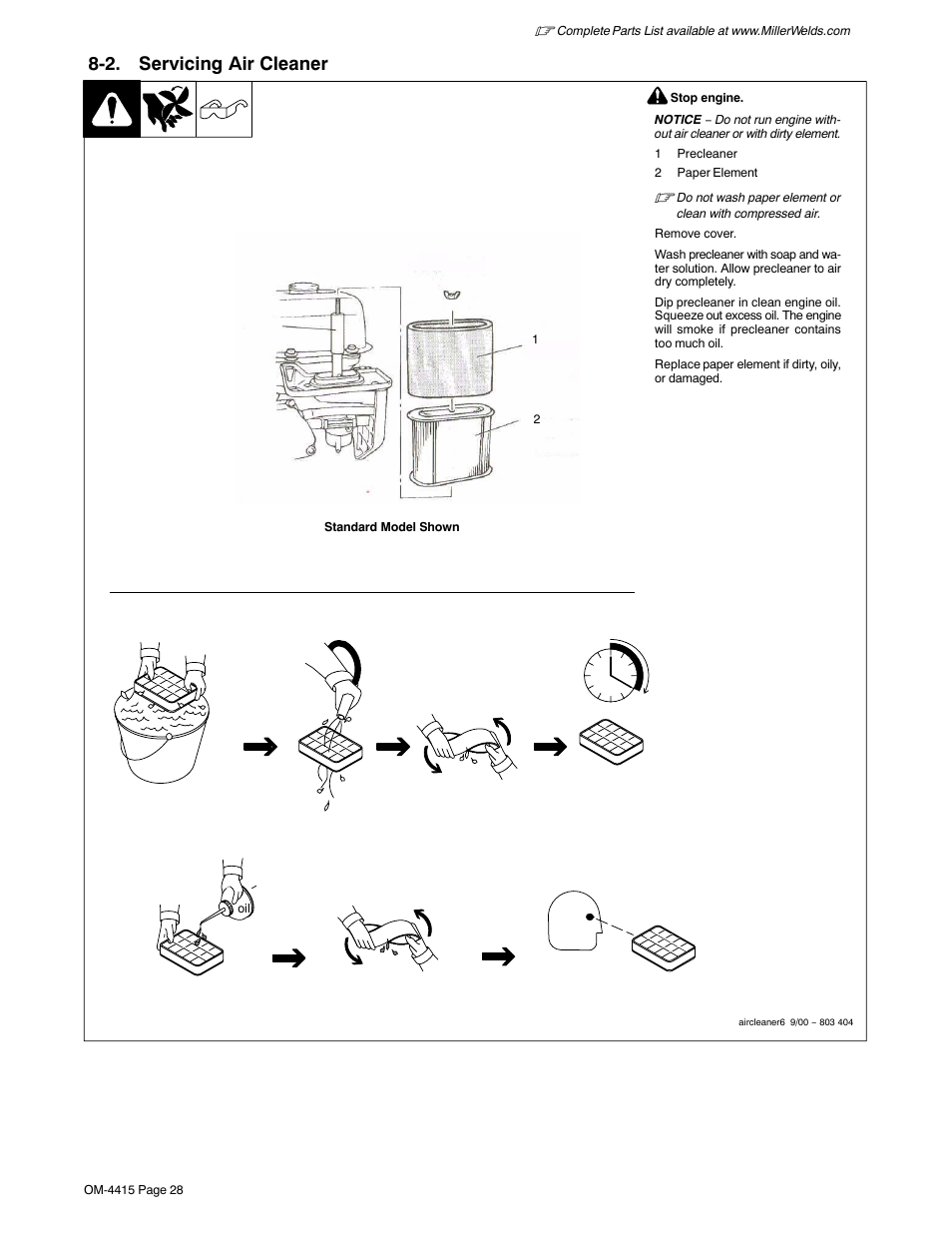 2. servicing air cleaner, Section 8-2 | Miller Electric 185 User Manual | Page 32 / 56