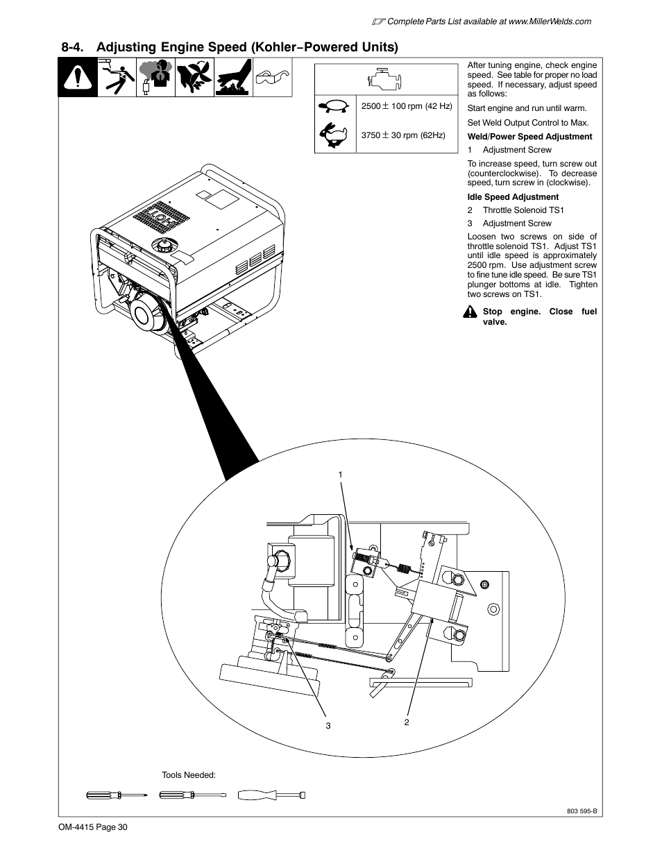 4. adjusting engine speed (kohler−powered units) | Miller Electric 185 User Manual | Page 34 / 56