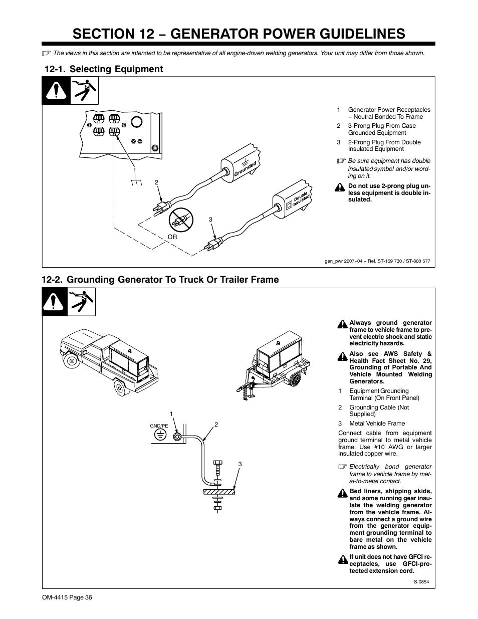 Section 12 − generator power guidelines, 1. selecting equipment, 2. grounding generator to truck or trailer frame | Miller Electric 185 User Manual | Page 40 / 56