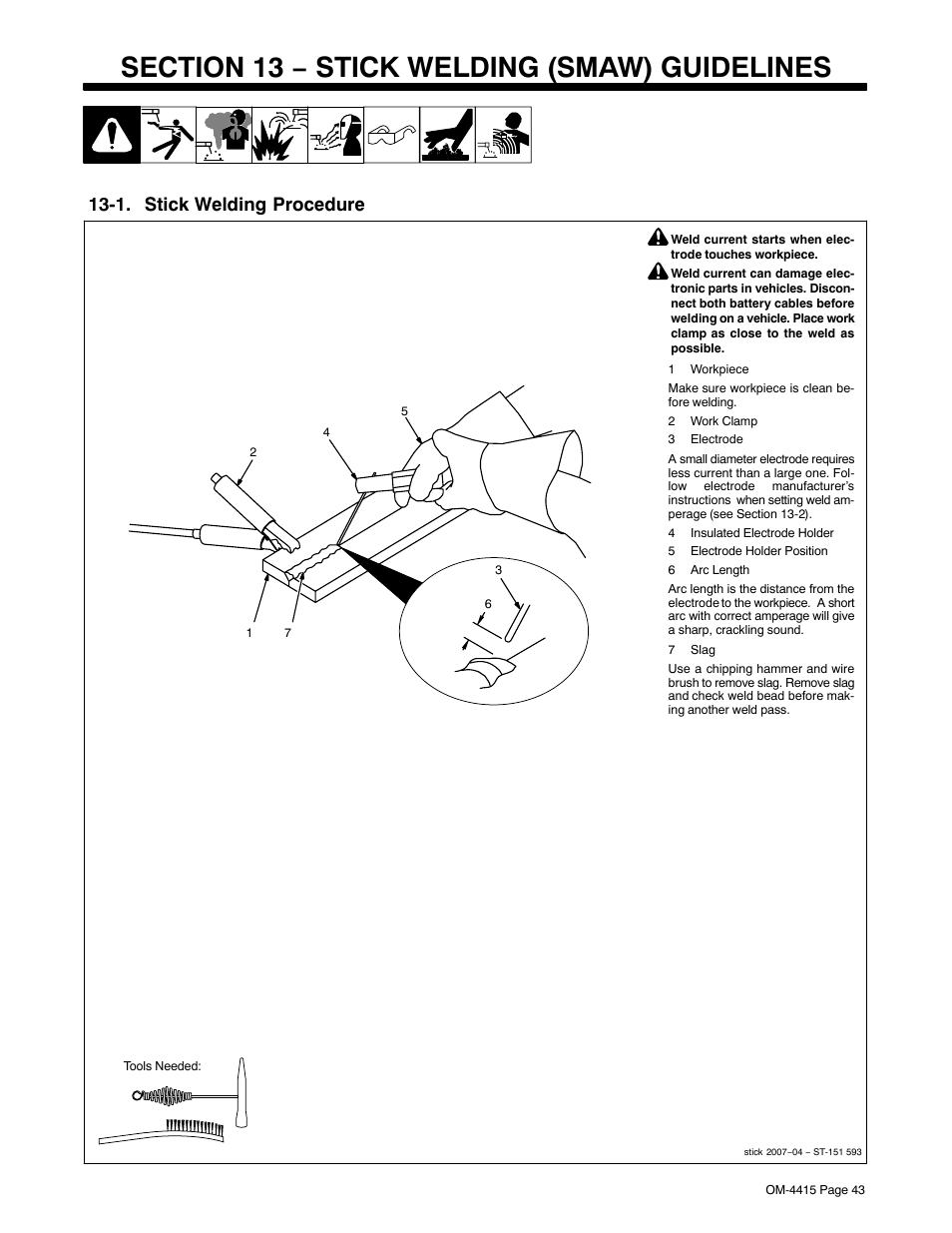 Section 13 − stick welding (smaw) guidelines, 1. stick welding procedure | Miller Electric 185 User Manual | Page 47 / 56