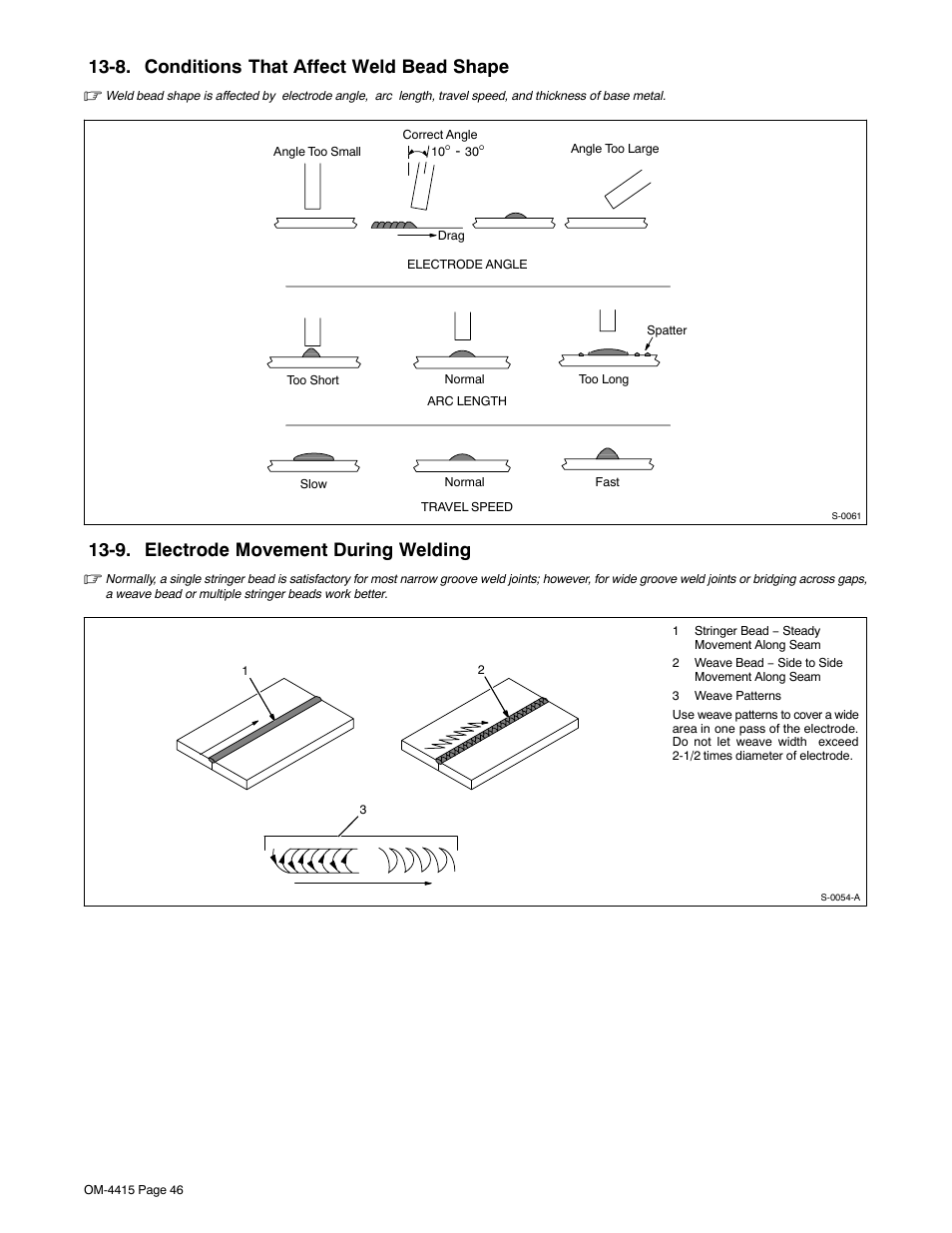 8. conditions that affect weld bead shape, 9. electrode movement during welding | Miller Electric 185 User Manual | Page 50 / 56