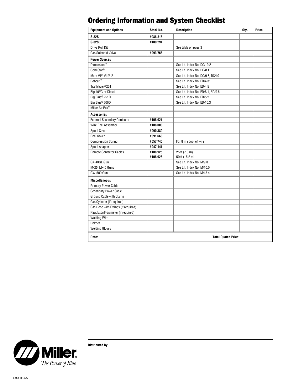 Ordering information and system checklist | Miller Electric S-32S User Manual | Page 4 / 4
