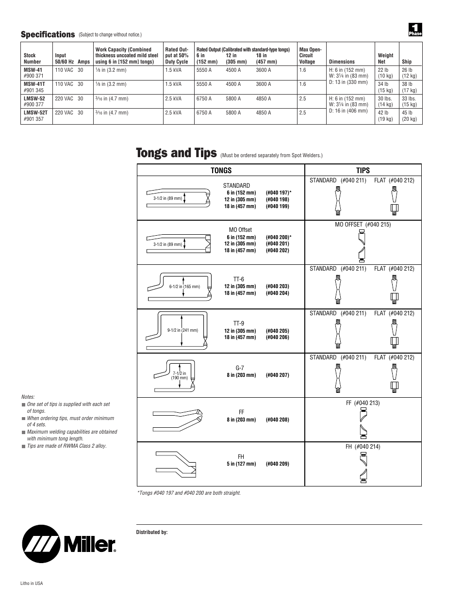 Tongs and tips, Specifications, Tips tongs | Miller Electric MSW User Manual | Page 2 / 2