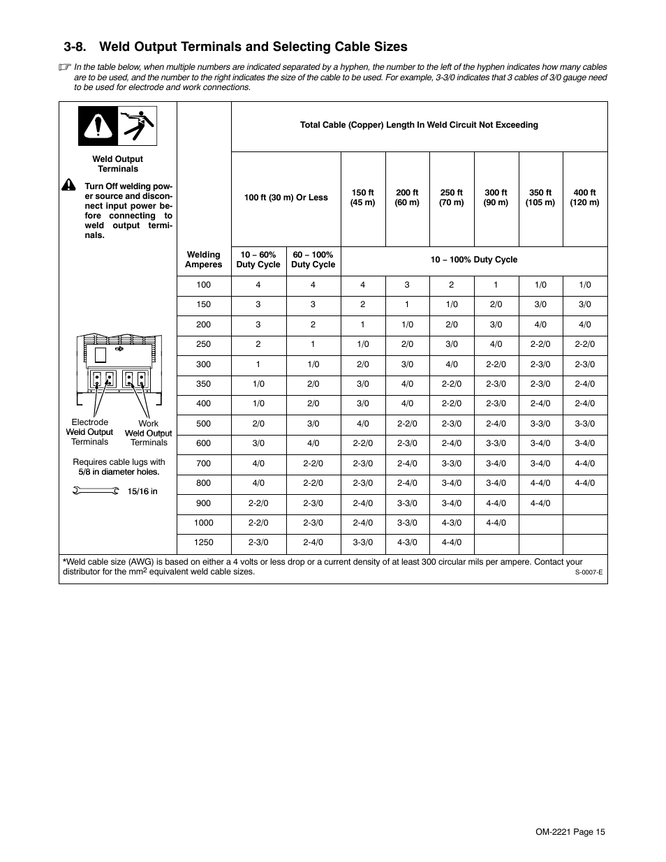 8. weld output terminals and selecting cable sizes | Miller Electric 1000 User Manual | Page 19 / 46