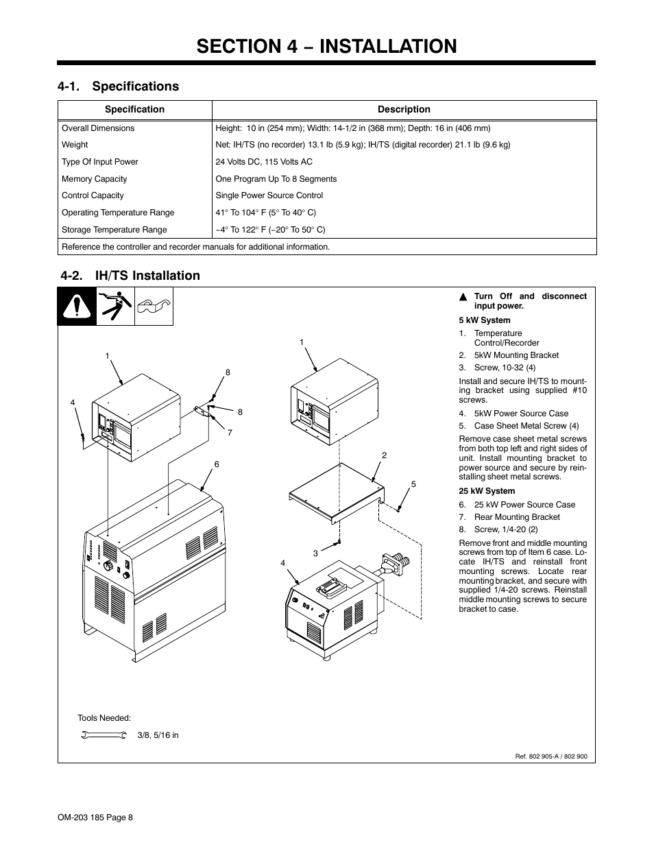 Section 4 − installation, 1. specifications, 2. ih/ts installation | Miller Electric IH User Manual | Page 12 / 76