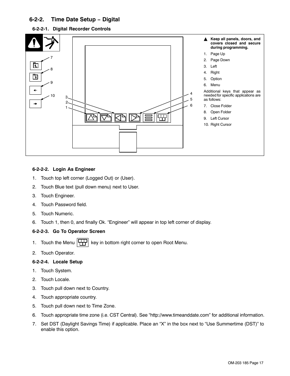 2-2. time date setup − digital, 2-2-1. digital recorder controls, 2-2-2. login as engineer | 2-2-3. go to operator screen, 2-2-4. locale setup | Miller Electric IH User Manual | Page 21 / 76