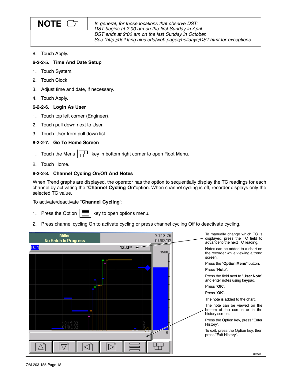 2-2-5. time and date setup, 2-2-6. login as user, 2-2-7. go to home screen | 2-2-8. channel cycling on/off and notes | Miller Electric IH User Manual | Page 22 / 76