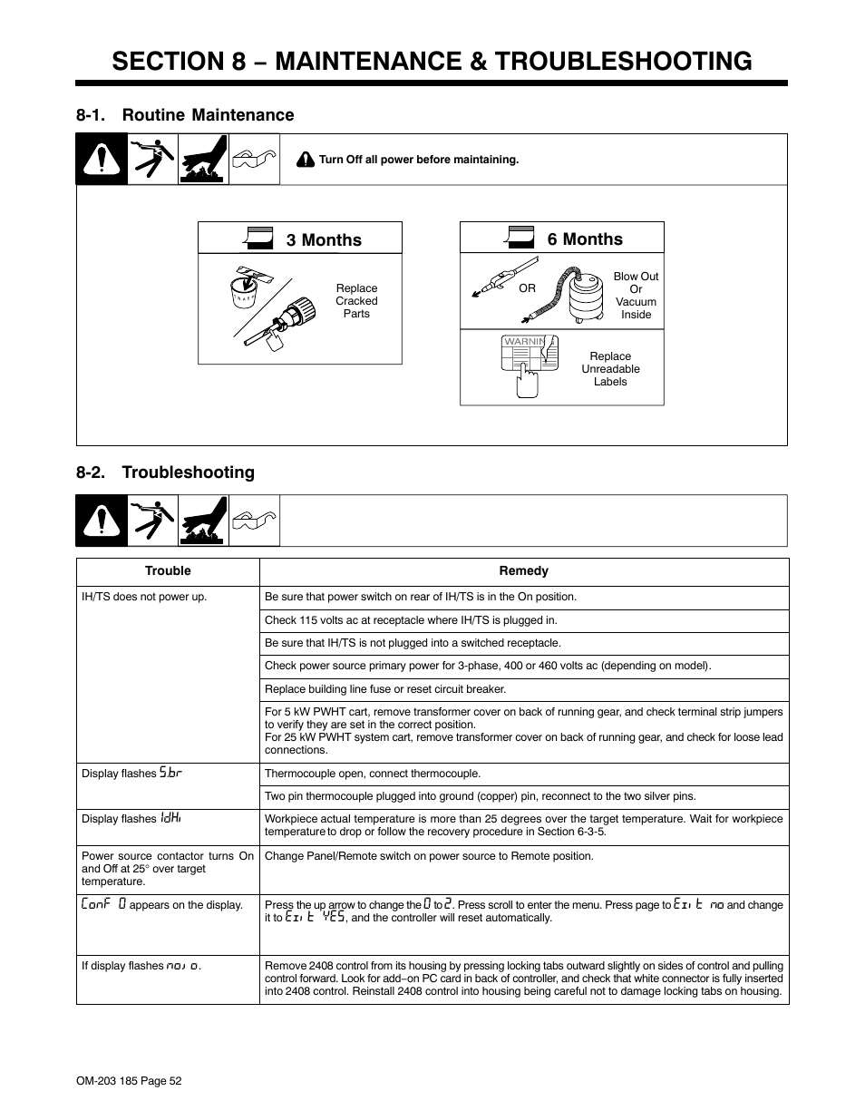 Section 8 − maintenance & troubleshooting, 1. routine maintenance, 2. troubleshooting | 3 months, 6 months | Miller Electric IH User Manual | Page 56 / 76