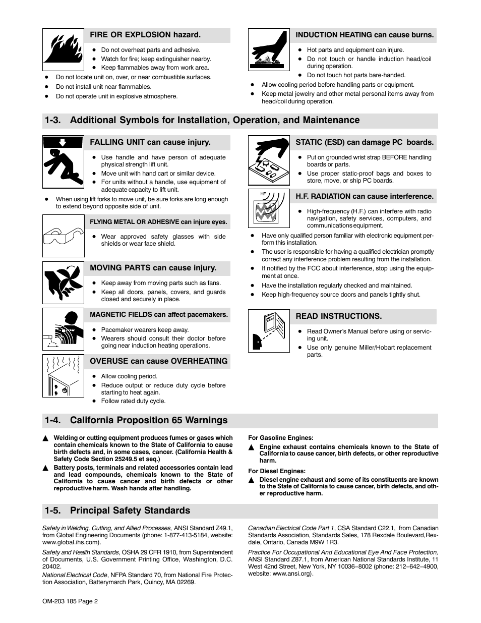 4. california proposition 65 warnings, 5. principal safety standards | Miller Electric IH User Manual | Page 6 / 76