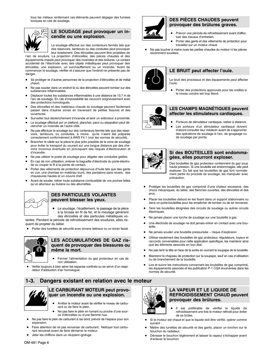 3. dangers existant en relation avec le moteur, Des particules volantes peuvent blesser les yeux, Le bruit peut affecter l’ouïe | Miller Electric Big Blue 502P User Manual | Page 10 / 64