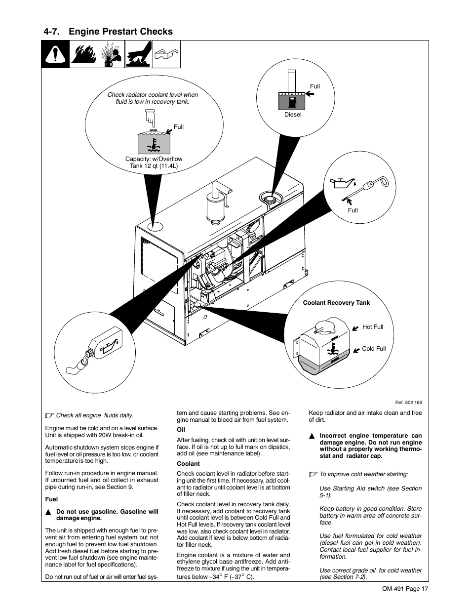 7. engine prestart checks | Miller Electric Big Blue 502P User Manual | Page 21 / 64