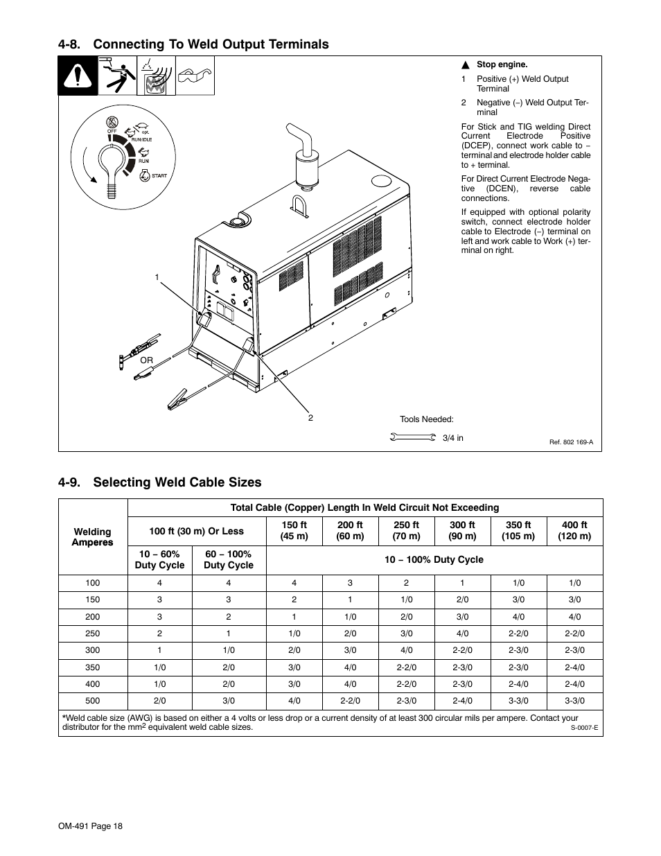 8. connecting to weld output terminals, 9. selecting weld cable sizes | Miller Electric Big Blue 502P User Manual | Page 22 / 64