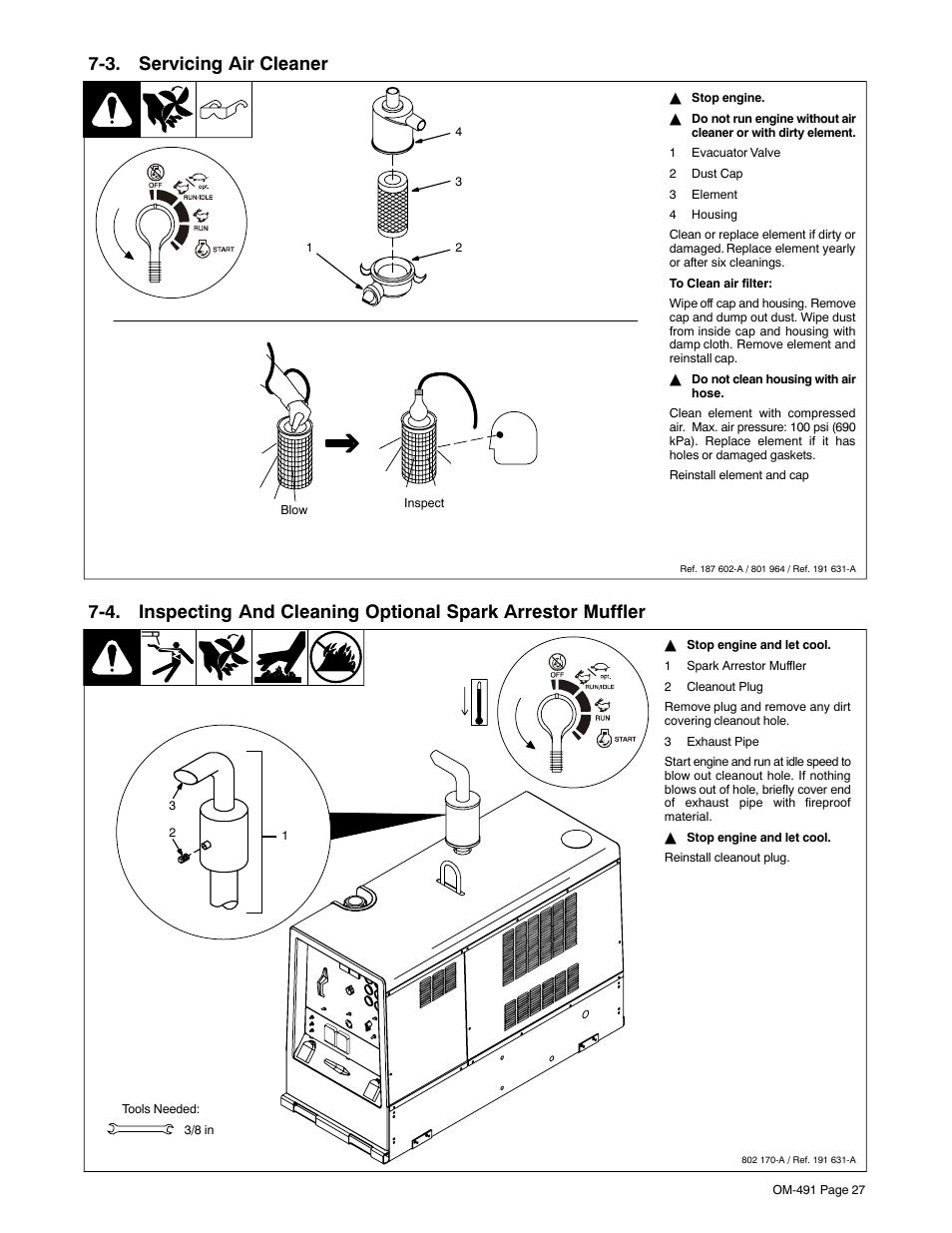 See section 7-3, Section 7-4, 3. servicing air cleaner | Miller Electric Big Blue 502P User Manual | Page 31 / 64