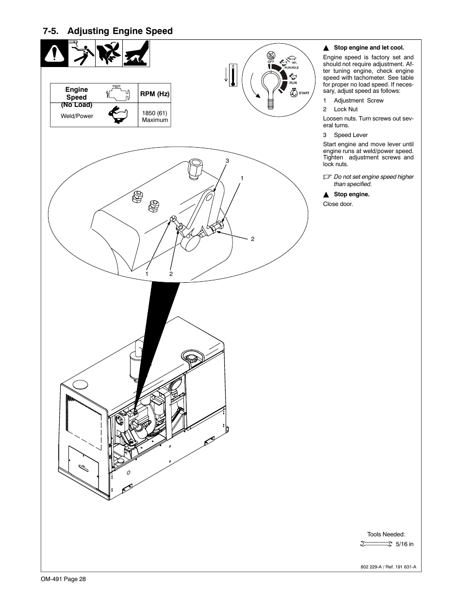 5. adjusting engine speed | Miller Electric Big Blue 502P User Manual | Page 32 / 64