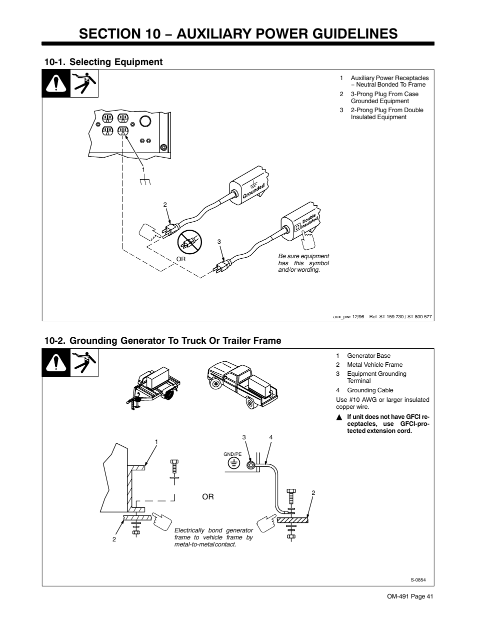 1. selecting equipment, 2. grounding generator to truck or trailer frame | Miller Electric Big Blue 502P User Manual | Page 45 / 64