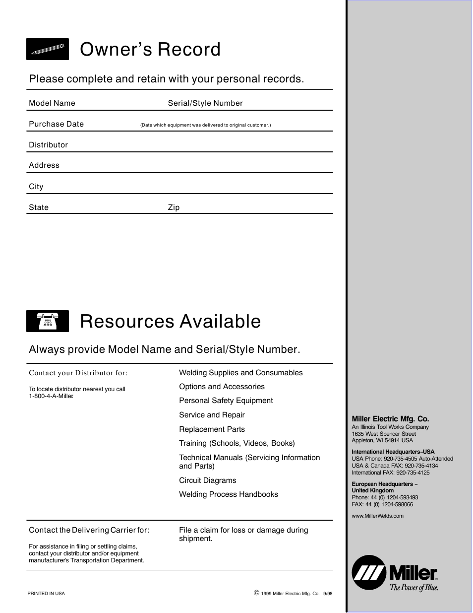 Resources available owner’s record | Miller Electric Big Blue 502P User Manual | Page 64 / 64