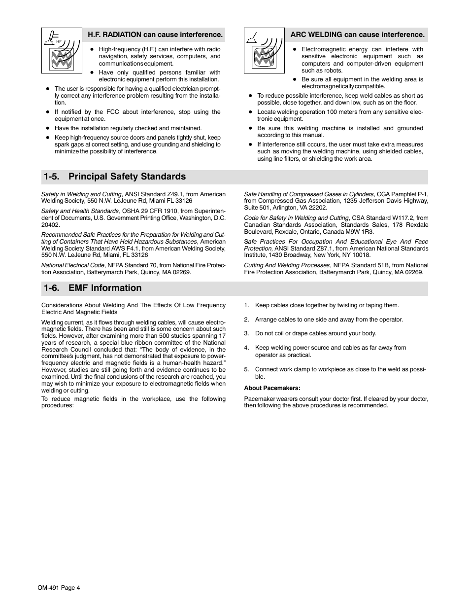 5. principal safety standards, 6. emf information | Miller Electric Big Blue 502P User Manual | Page 8 / 64