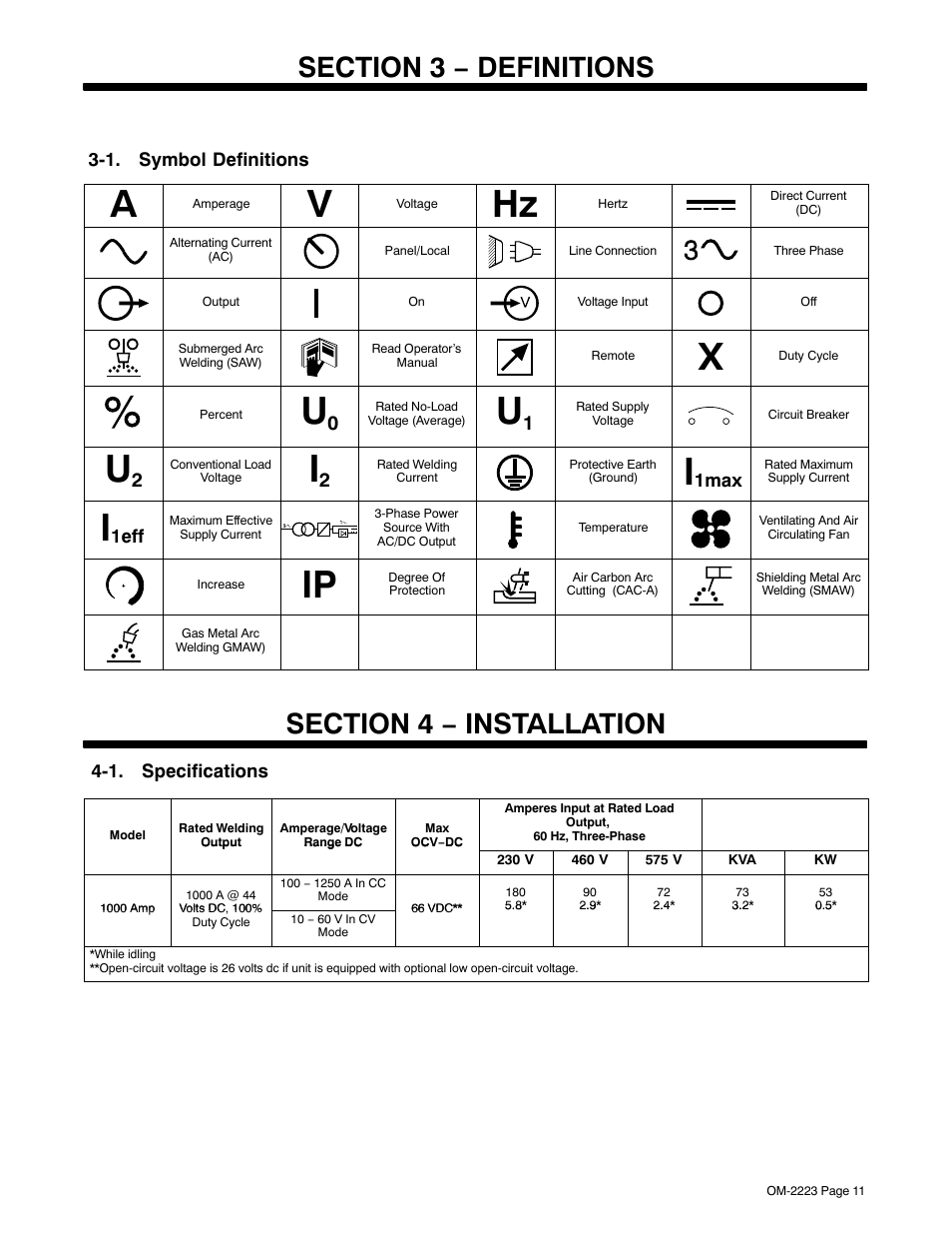 Section 3 − definitions, 1. symbol definitions, Section 4 − installation | 1. specifications | Miller Electric Dimension 1000 User Manual | Page 15 / 44