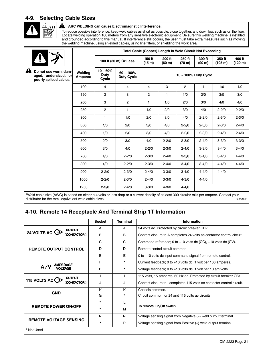 9. selecting cable sizes | Miller Electric Dimension 1000 User Manual | Page 25 / 44