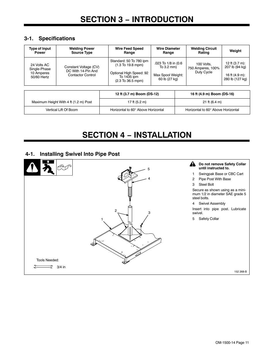 Section 3 − introduction, 1. specifications, Section 4 − installation | 1. installing swivel into pipe post | Miller Electric and DS-74DX16 User Manual | Page 15 / 52