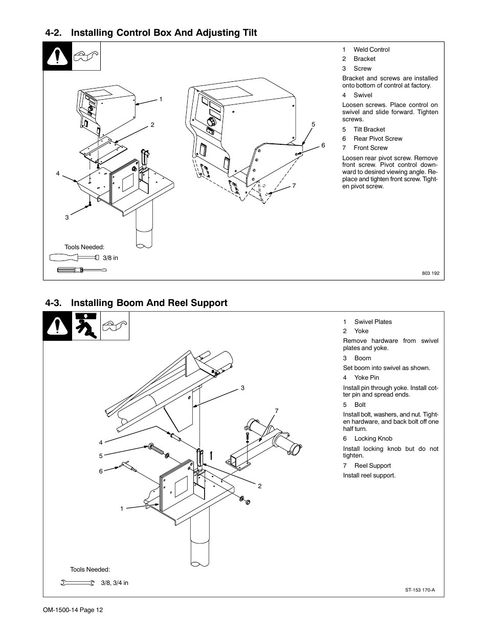 2. installing control box and adjusting tilt, 3. installing boom and reel support | Miller Electric and DS-74DX16 User Manual | Page 16 / 52