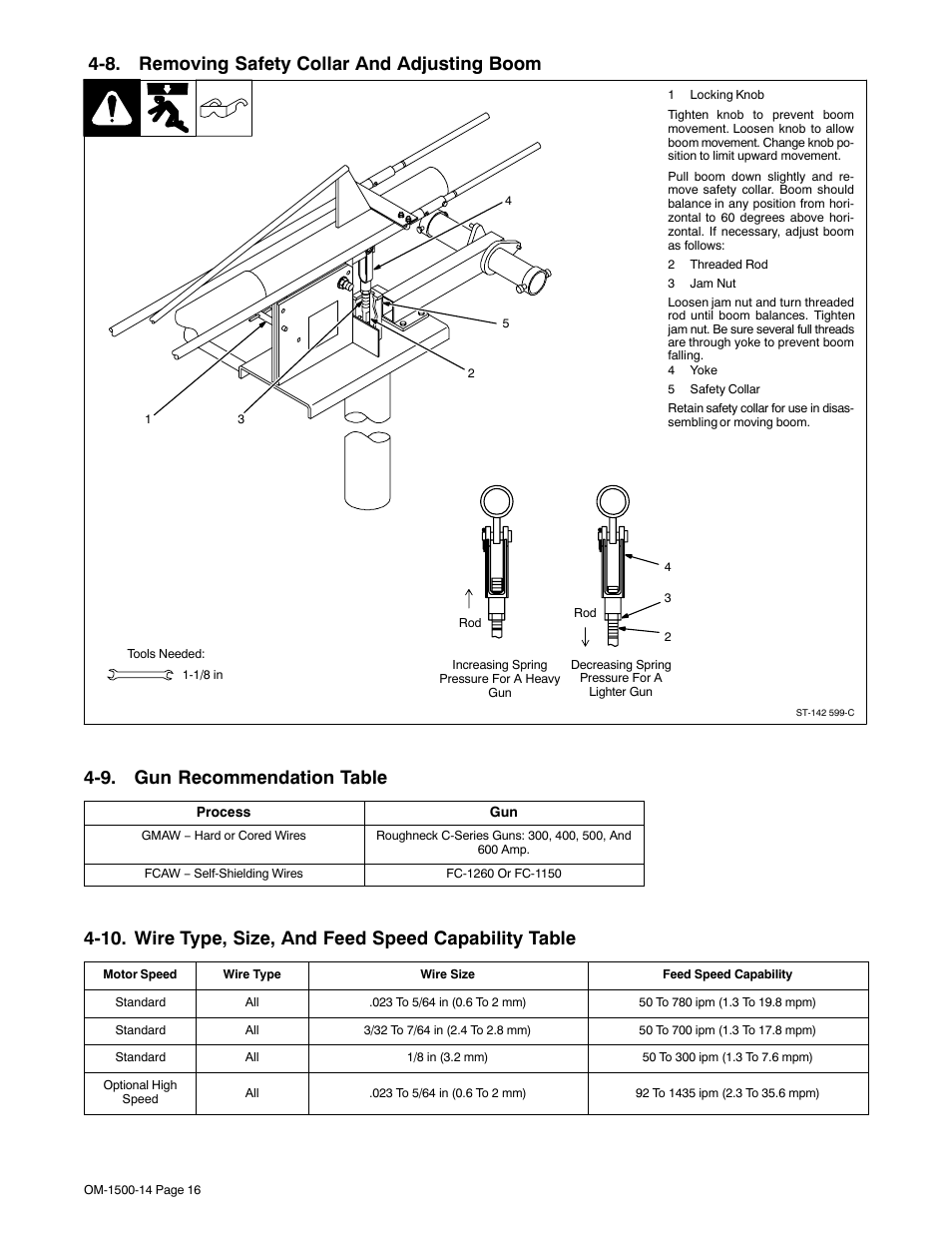 8. removing safety collar and adjusting boom, 9. gun recommendation table | Miller Electric and DS-74DX16 User Manual | Page 20 / 52