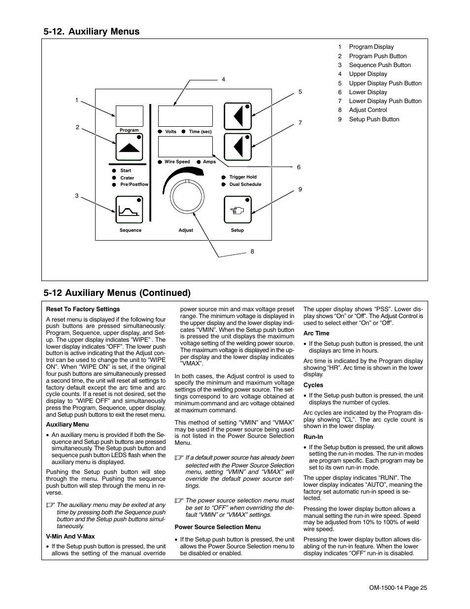 12. auxiliary menus, 12 auxiliary menus (continued) | Miller Electric and DS-74DX16 User Manual | Page 29 / 52