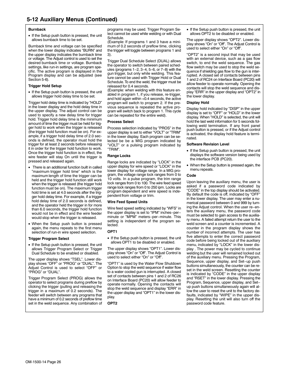 12 auxiliary menus (continued) | Miller Electric and DS-74DX16 User Manual | Page 30 / 52