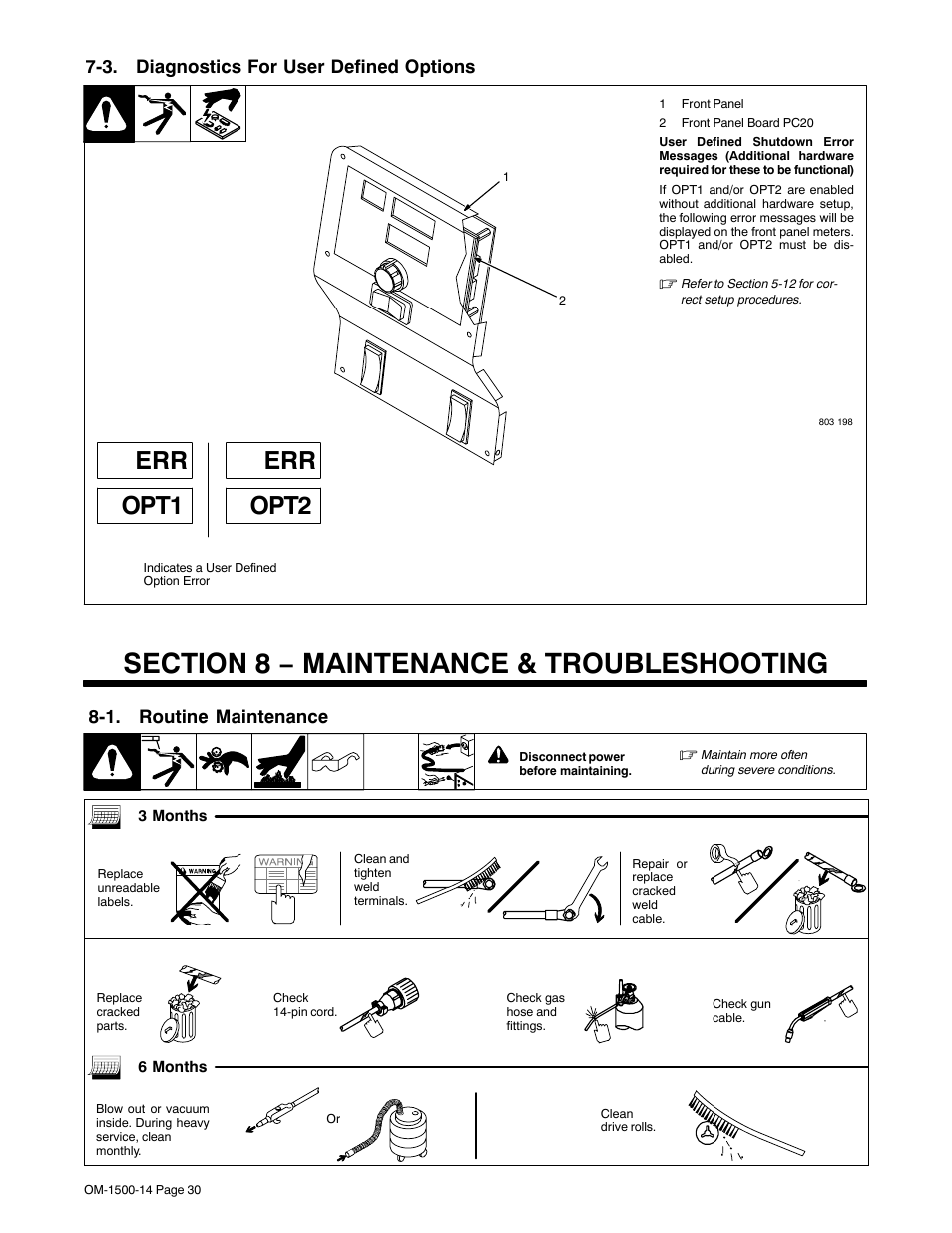 3. diagnostics for user defined options, Section 8 − maintenance & troubleshooting, 1. routine maintenance | Err opt1, Err opt2 | Miller Electric and DS-74DX16 User Manual | Page 34 / 52