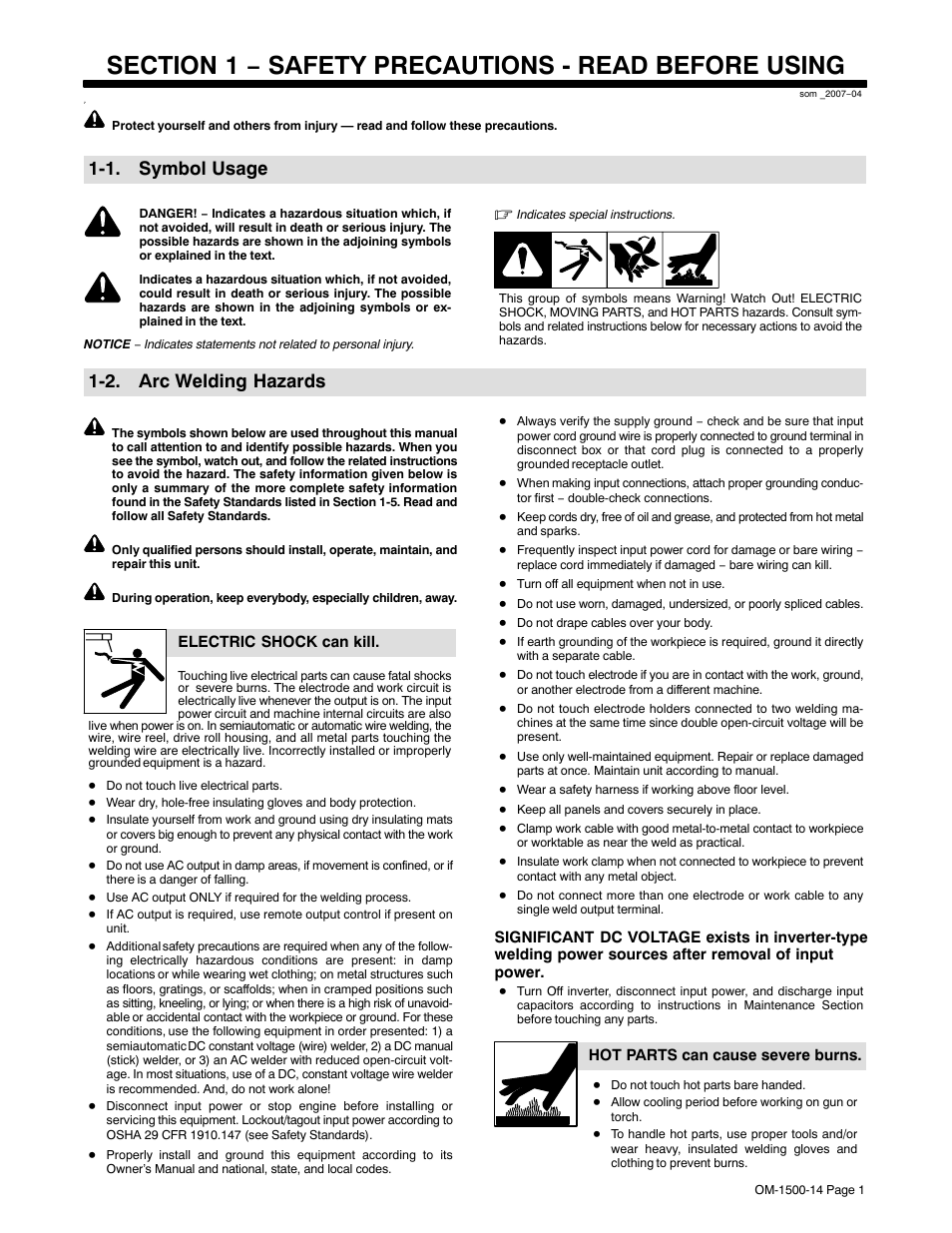 Section 1 − safety precautions - read before using, 1. symbol usage, 2. arc welding hazards | Miller Electric and DS-74DX16 User Manual | Page 5 / 52