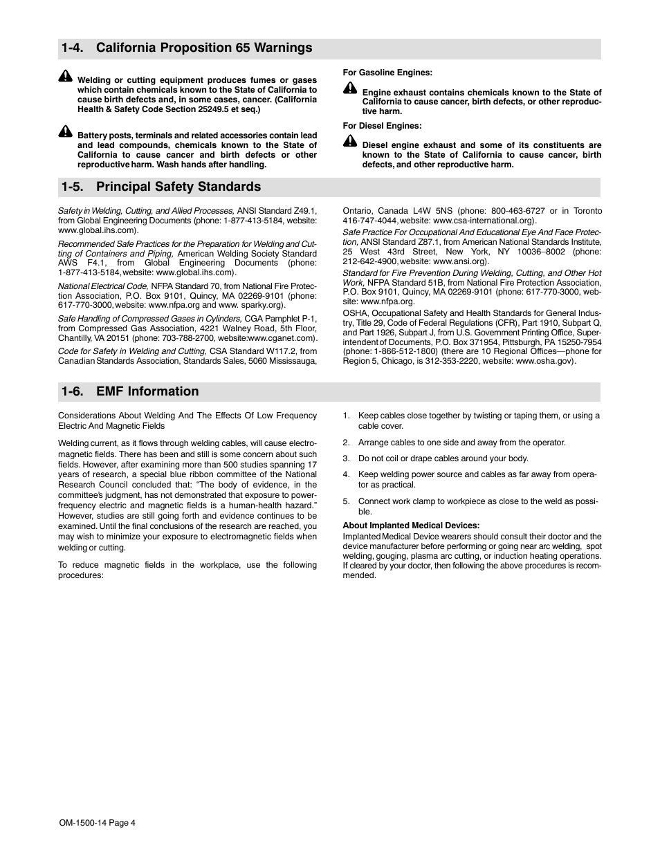 4. california proposition 65 warnings, 5. principal safety standards, 6. emf information | Miller Electric and DS-74DX16 User Manual | Page 8 / 52
