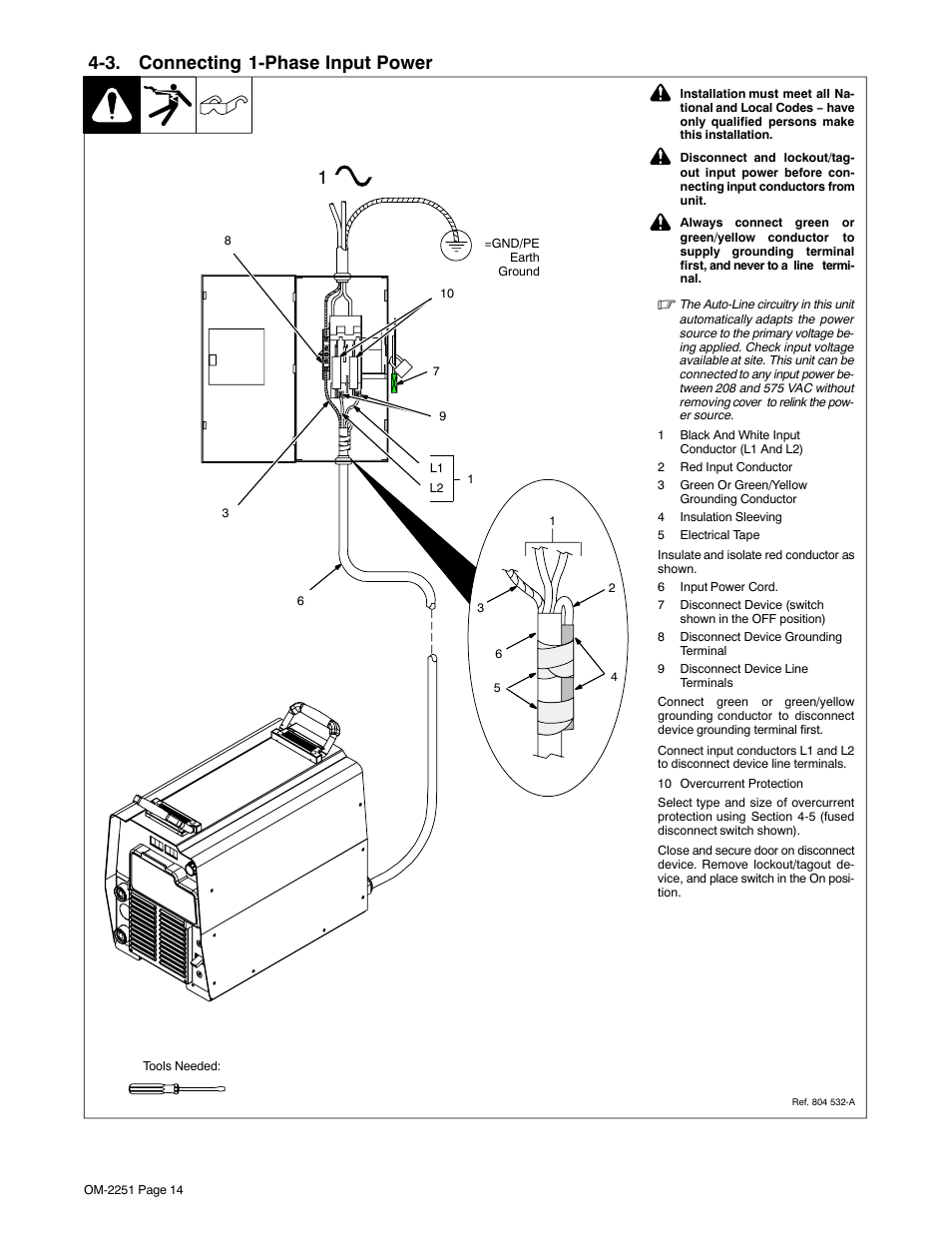 3. connecting 1-phase input power | Miller Electric 350 VS User Manual | Page 18 / 36