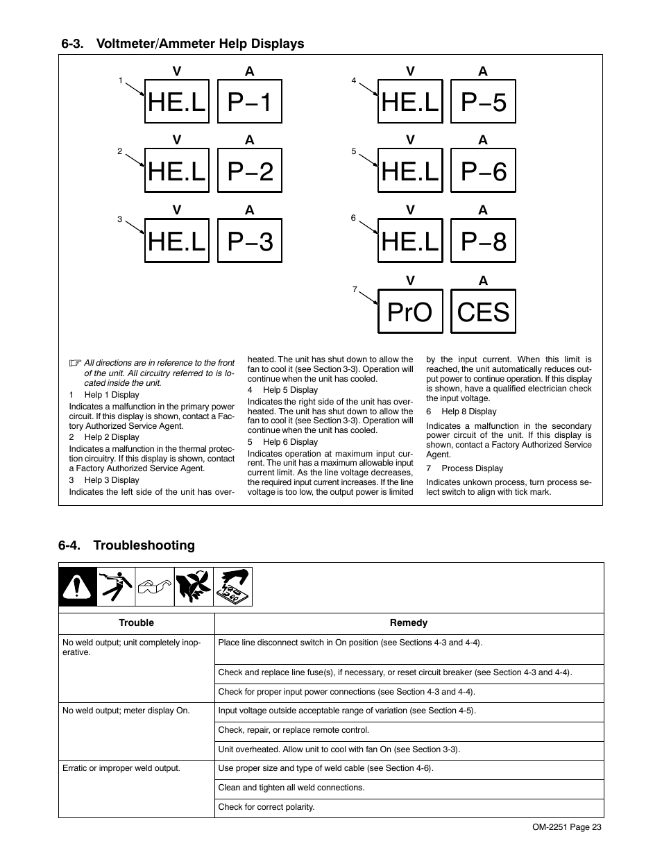 3. voltmeter/ammeter help displays, 4. troubleshooting, He.l p−1 he.l p−2 | He.l p−3, He.l p−5 he.l p−6, He.l p−8, Pro ces | Miller Electric 350 VS User Manual | Page 27 / 36