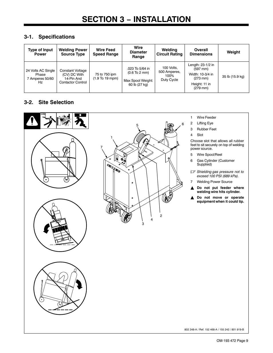 Section 3 − installation, 1. specifications, 2. site selection | Miller Electric 22A User Manual | Page 13 / 32