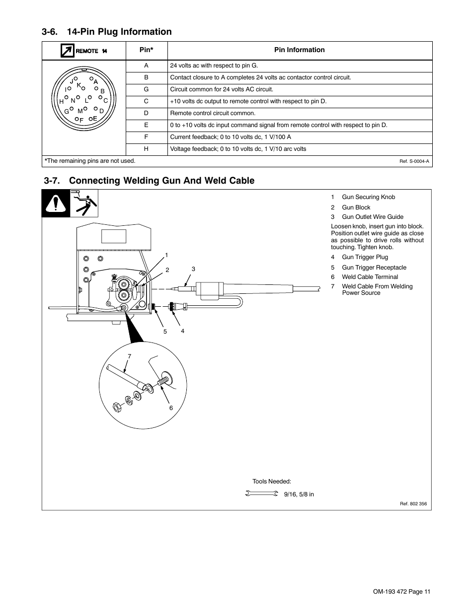 6. 14-pin plug information, 7. connecting welding gun and weld cable | Miller Electric 22A User Manual | Page 15 / 32