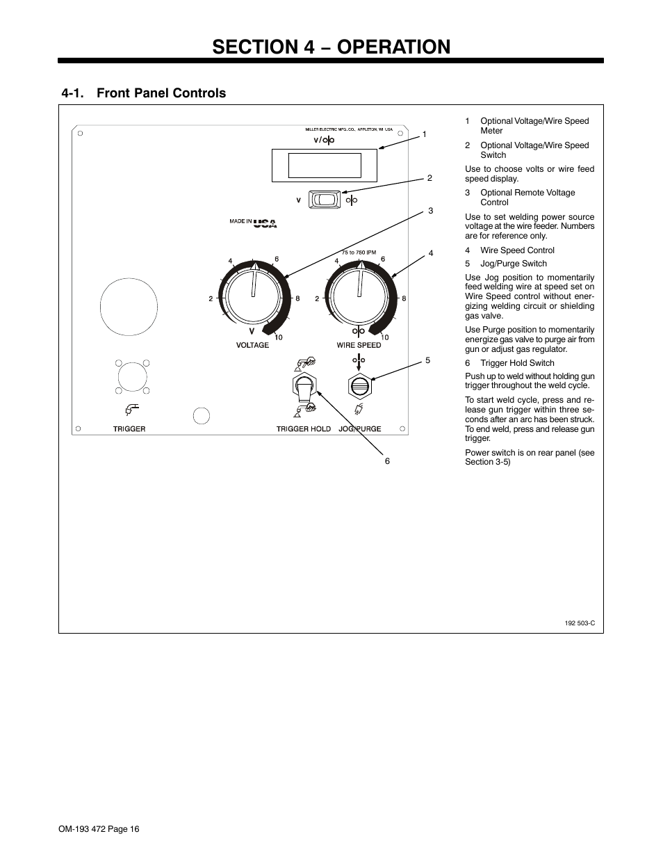 Section 4 − operation, 1. front panel controls | Miller Electric 22A User Manual | Page 20 / 32