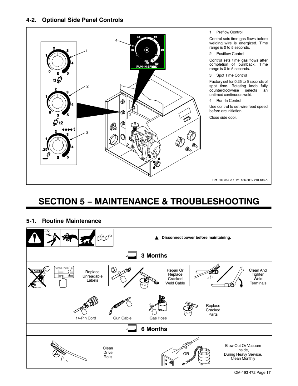 2. optional side panel controls, Section 5 − maintenance & troubleshooting, 1. routine maintenance | 3 months, 6 months | Miller Electric 22A User Manual | Page 21 / 32