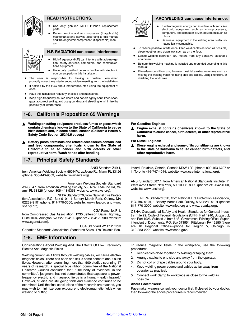 6. california proposition 65 warnings, 7. principal safety standards, 8. emf information | Miller Electric Big Blue 402D User Manual | Page 10 / 116