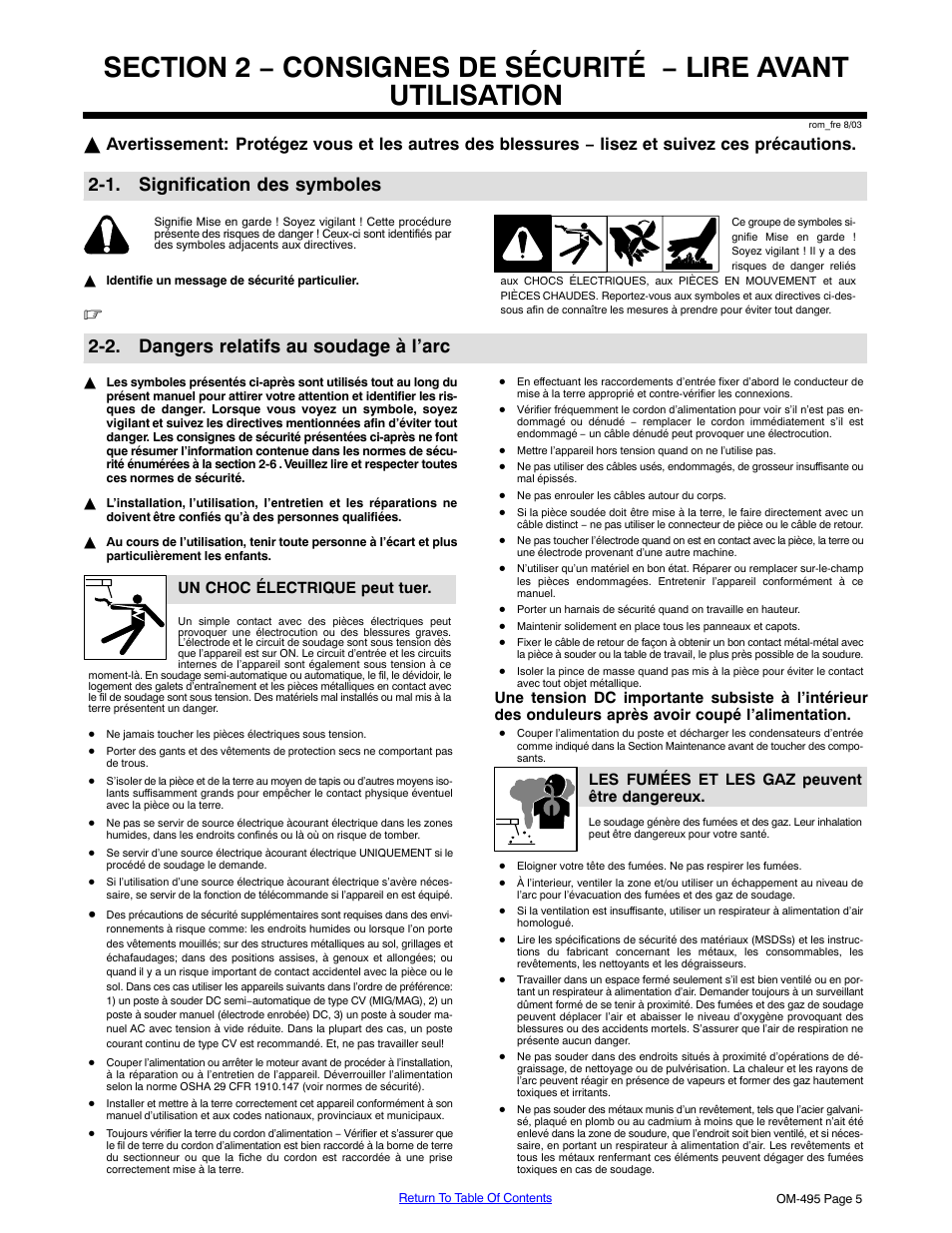 1. signification des symboles, 2. dangers relatifs au soudage à l’arc, Un choc électrique peut tuer | Les fumées et les gaz peuvent être dangereux | Miller Electric Big Blue 402D User Manual | Page 11 / 116