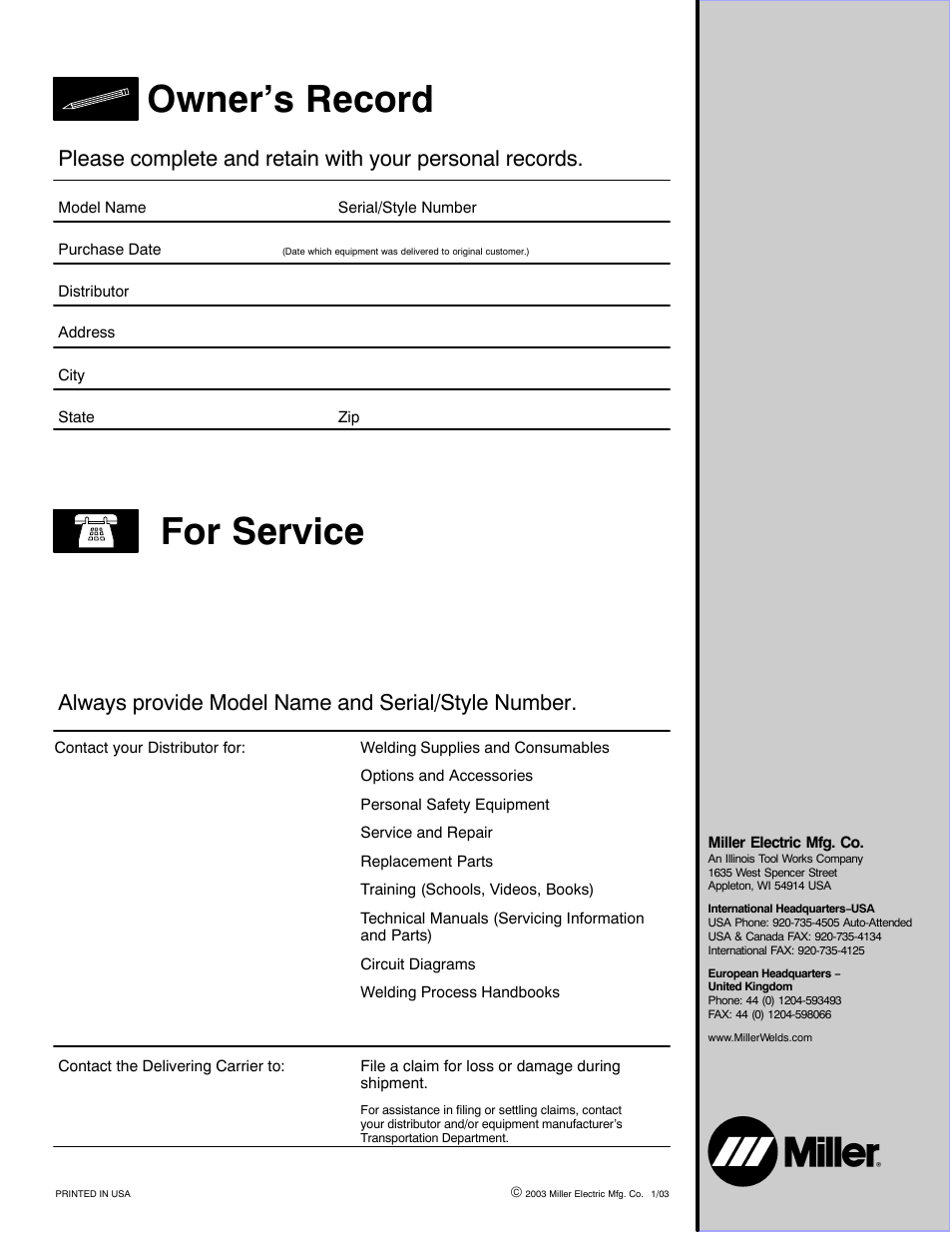 For service owner’s record | Miller Electric Big Blue 402D User Manual | Page 116 / 116