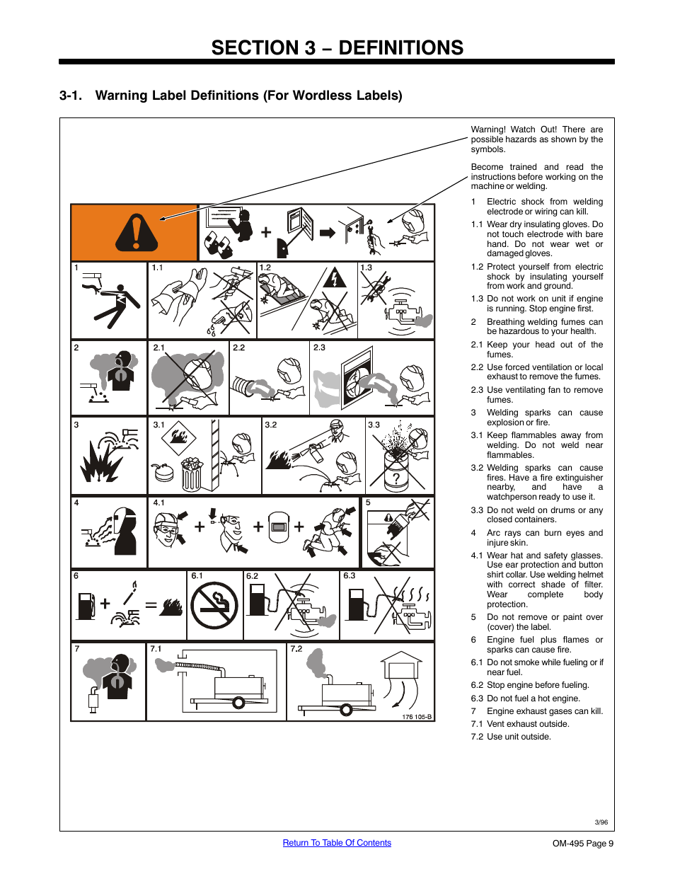 Section 3 − definitions, 1. warning label definitions (for wordless labels) | Miller Electric Big Blue 402D User Manual | Page 15 / 116