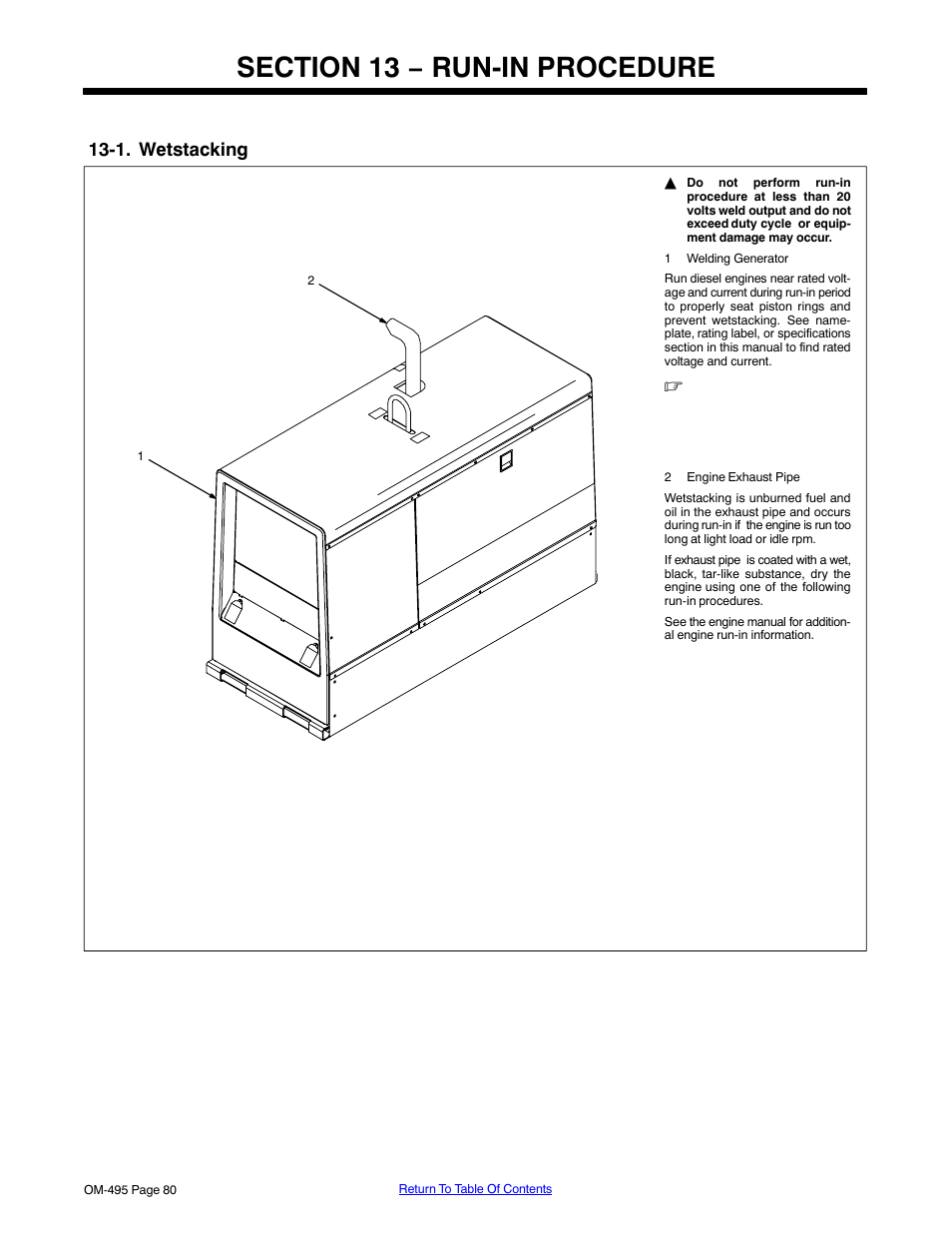 Section 13 − run-in procedure, 1. wetstacking, During run-in, see section 13 | Dry engine (see section 13 | Miller Electric Big Blue 402D User Manual | Page 86 / 116