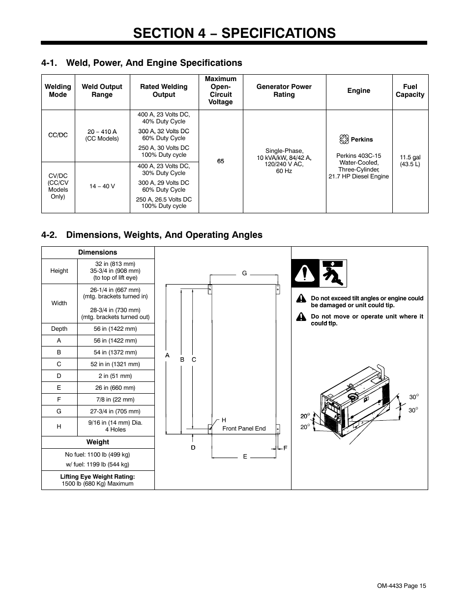 Section 4 − specifications, 1. weld, power, and engine specifications, 2. dimensions, weights, and operating angles | Miller Electric Big Blue 300 User Manual | Page 19 / 76