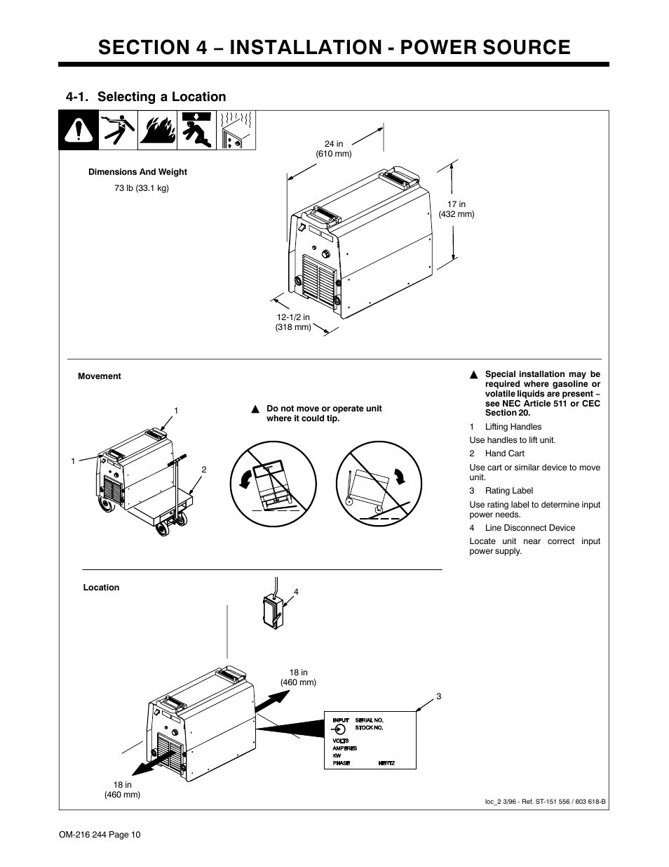 Section 4 − installation - power source, 1. selecting a location | Miller Electric 625 User Manual | Page 14 / 48