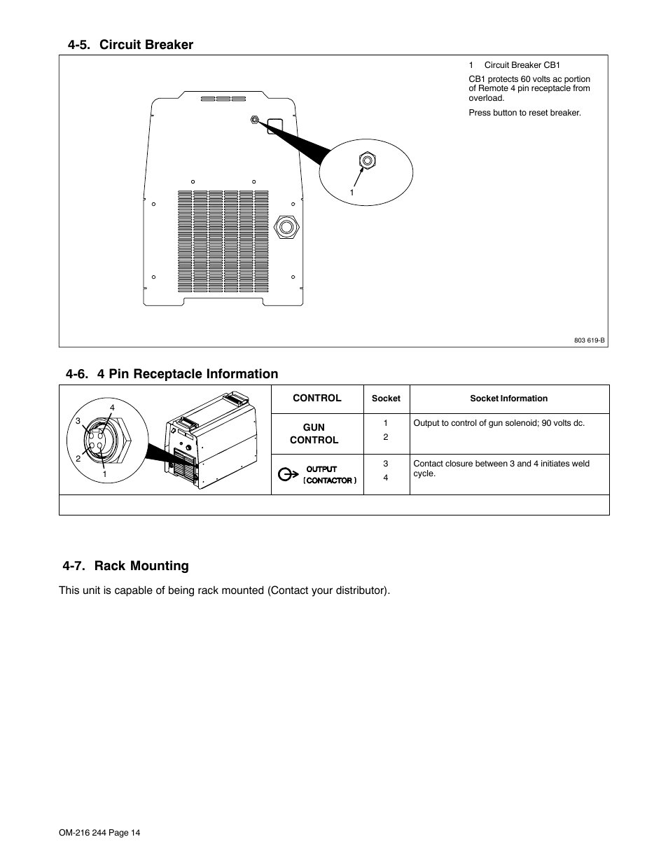 5. circuit breaker, 6. 4 pin receptacle information, 7. rack mounting | Miller Electric 625 User Manual | Page 18 / 48