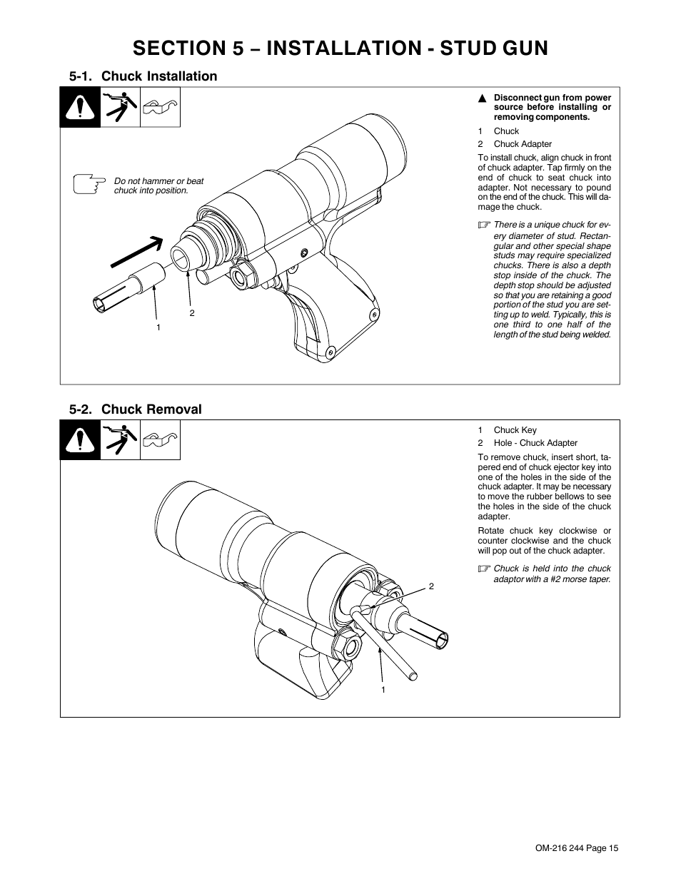 Section 5 − installation - stud gun, 1. chuck installation, 2. chuck removal | Miller Electric 625 User Manual | Page 19 / 48