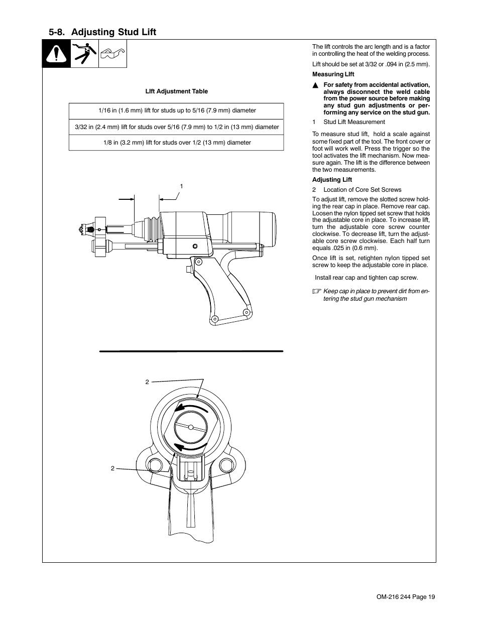 8. adjusting stud lift | Miller Electric 625 User Manual | Page 23 / 48