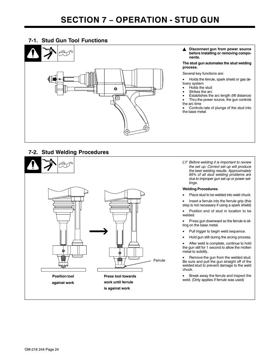 Section 7 − operation - stud gun, 1. stud gun tool functions, 2. stud welding procedures | Miller Electric 625 User Manual | Page 28 / 48