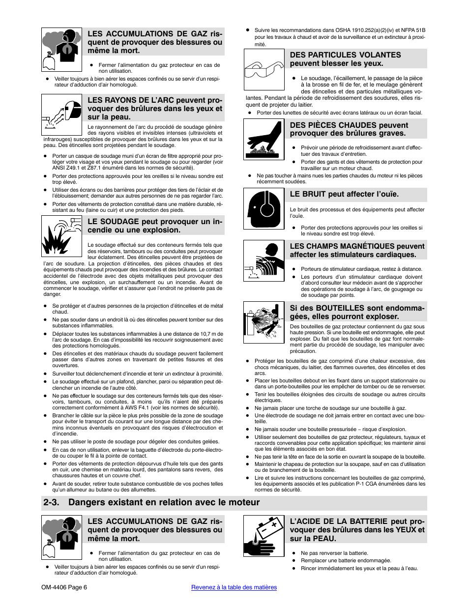 3. dangers existant en relation avec le moteur, Des particules volantes peuvent blesser les yeux, Le bruit peut affecter l’ouïe | Miller Electric Big 40 CAT User Manual | Page 12 / 92